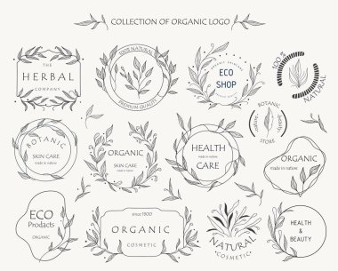 Çiçekli markalar ve logo tasarım vektör koleksiyonu. Organik temalı çerçeveler.