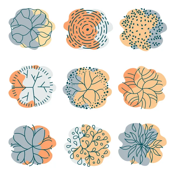 Ana plan için ağaçlar. Mimari kat planları için ağaç. Çevre tasarımı. Çeşitli ağaçlar, çalılar ve çalılar, peyzaj tasarım planı için üst manzara. Vektör illüstrasyonu.