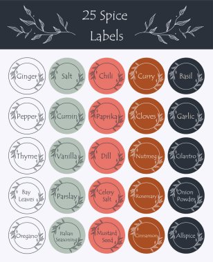 Baharat ve içecek için 25 etiket. Kavanozları ve konteynırları işaretlemek için yiyecek etiketleri. Kilerin düzenlenmesi.