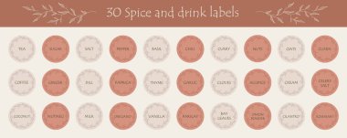 Baharat ve içecek için 30 etiket. Kavanozları ve konteynırları işaretlemek için yiyecek etiketleri. Kilerin düzenlenmesi.
