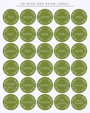 Baharat ve içecek için 30 etiket. Kavanozları ve konteynırları işaretlemek için yiyecek etiketleri. Kilerin düzenlenmesi.