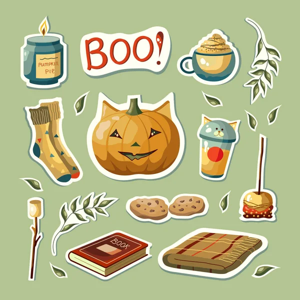 Set Autumn Vector Illustrations Pumpkin Candle Marshmallow Caramel Apple Items — Wektor stockowy