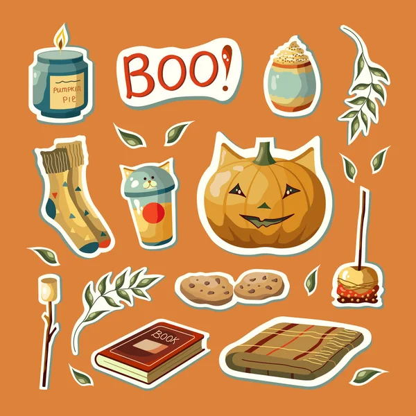Set Halloween Vector Illustrations Pumpkin Cookies Marshmallow Caramel Apple Items — стоковый вектор