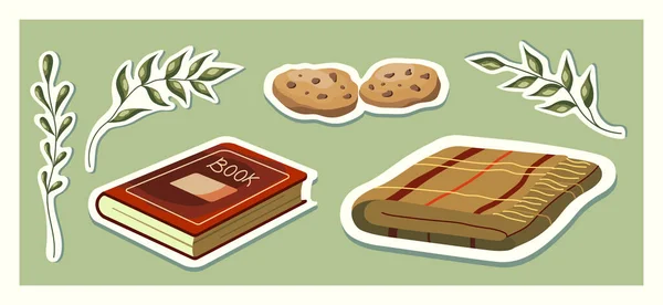 Cozy Home Set Items Theme Reading Book Blanket Cookies — стоковый вектор