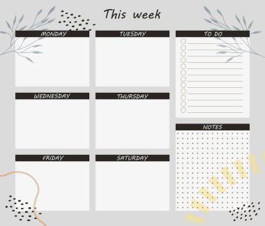 Haftalık plan şablonu. Soyut bir geçmişi olan, hafta sonu için bir planlamacı. Resim elle çizilmiş..