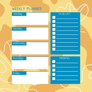 Haftalık plan şablonu. Soyut bir geçmişi olan, hafta sonu için bir planlamacı. Resim elle çizilmiş..