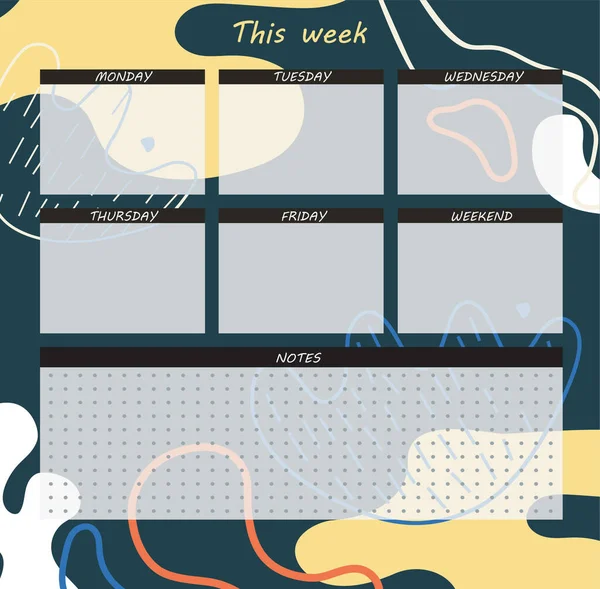 每周计划模板 一个有抽象背景的周时间安排的规划者 说明手绘 — 图库矢量图片