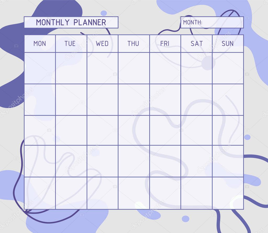 Month planner template. Calendar. Very peri. A planner for month organization of time with abstract background. Illustration hand-drawn. Very peri color.