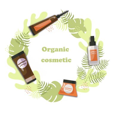 Organik kozmetik. Bir cilt bakım ürünü seti. Çevre dostu. Flourish Laurel çelenkleri. Vektör illüstrasyonu.