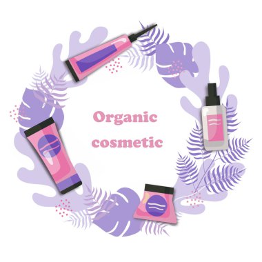 Organik kozmetik. Bir cilt bakım ürünü seti. Çevre dostu. Flourish Laurel çelenkleri. Vektör çizimi. Çok canlı bir renk.