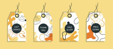 İndirimli fiyat etiketleri. Soyut arkaplanı olan etiketler. Alışveriş etiketleri için şablon. Promosyon satış rozeti. Vektör illüstrasyonu.