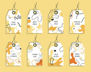 İndirimli fiyat etiketleri. Soyut arkaplanı olan etiketler. Alışveriş etiketleri için şablon. Promosyon satış rozeti. Vektör illüstrasyonu.