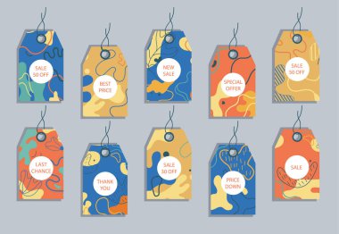 İndirimli fiyat etiketleri. Soyut arkaplanı olan etiketler. Alışveriş etiketleri için şablon. Promosyon satış rozeti. Vektör illüstrasyonu.