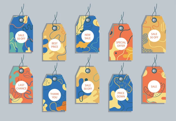 İndirimli fiyat etiketleri. Soyut arkaplanı olan etiketler. Alışveriş etiketleri için şablon. Promosyon satış rozeti. Vektör illüstrasyonu.