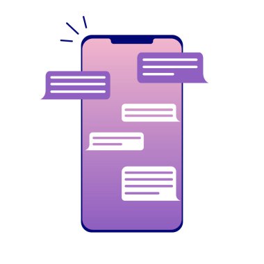 Akıllı bir telefonda sohbet ve mesajlaşma. Konuşma baloncuklu ekran. Vektör çizimi. Düz tasarım.