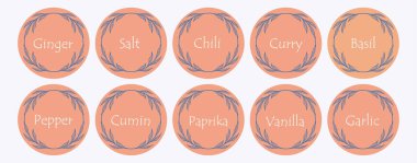 Kiler baharat kavanozu etiketi düzenleyici seti. Mutfak konteynerlerini baharatla işaretlemek için..