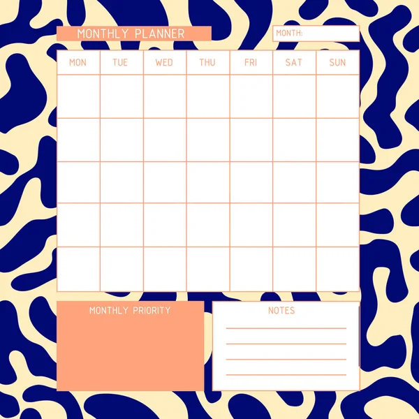 Monatliche Planervorlage Kalender Ein Planer Für Die Monatliche Organisation Der — Stockvektor