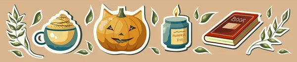 Autumn Sticker Pack Set Autumn Vector Illustrations Pumpkin Candle Book — Wektor stockowy