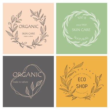 İşiniz için bir dizi botanik logosu. Kozmetik markalar için mükemmel. Eko-tasarım. Sürdürülebilir hayat.