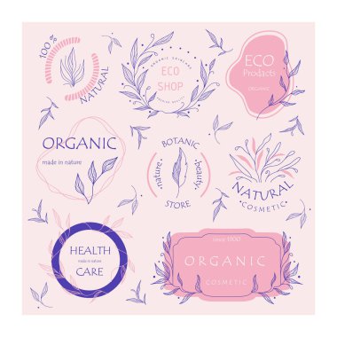 İşiniz için bir dizi botanik logosu. Kozmetik markalar için mükemmel. Eko-tasarım. Sürdürülebilir hayat.