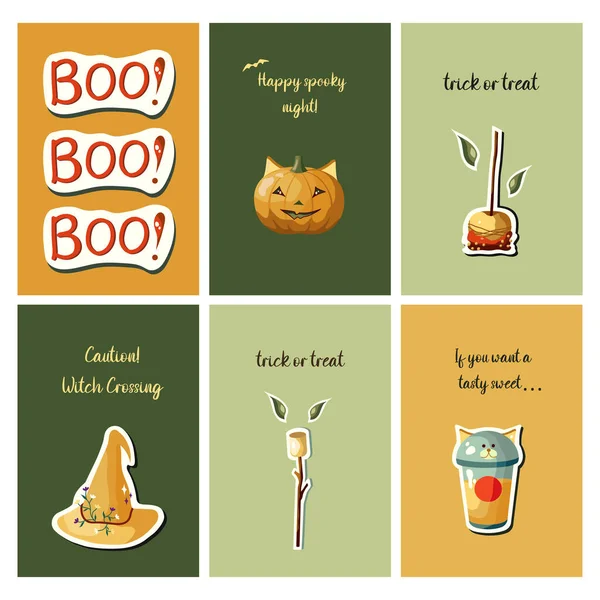 Set Halloween Cards Pumpkin Caramel Apple Marshmallow Cat Witch Hat — стоковый вектор