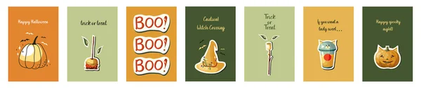 Set Halloween Cards Pumpkin Caramel Apple Marshmallow Cat Witch Hat — стоковый вектор