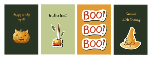 Set Halloween Cards Pumpkin Caramel Apple Witch Hat October Perfect — Wektor stockowy