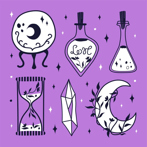 Witchcraft Magic Illustrations Set Magic Items Love Potion Sand Clock — Image vectorielle