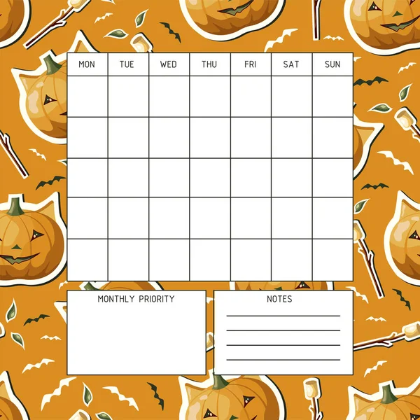 Monthly Planner Template Planner Month Organization Time Halloween Background Pumpkin — Stok Vektör