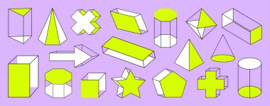 Set of geometric shapes: cone, triangular prism, star, arrow, parallelepiped, hexagonal, pentagonal prism, star, cylinder, cube, octahedron, tetrahedron, plus, and cross. Isometric.