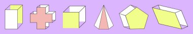 Set of geometric shapes: prism, parallelepiped, hexagonal pyramid, pentagonal prism, cube, and plus. Isometric.