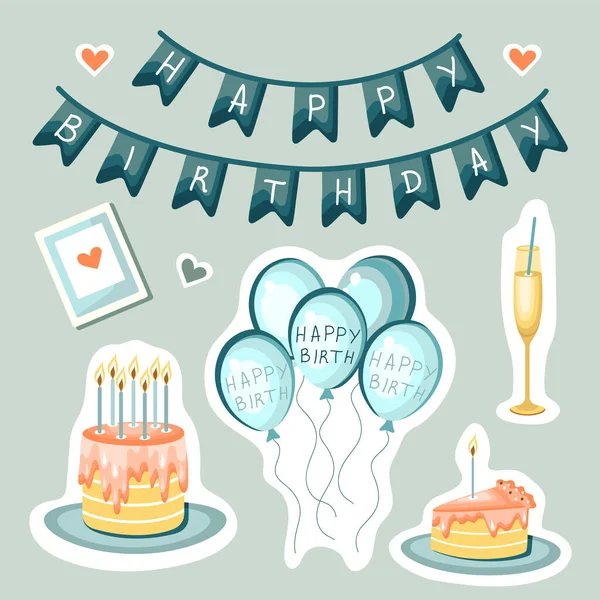 Aufkleber Zum Geburtstag Geburtstagstorte Mit Kerzen Luftballons Champagner Und Girlanden — Stockvektor