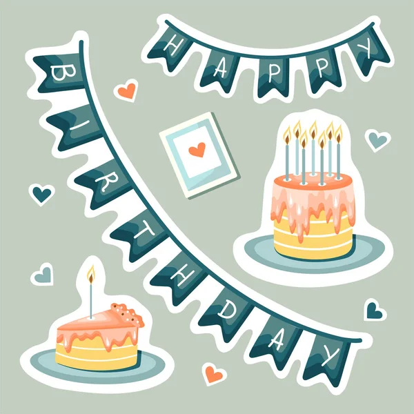 Aufkleber Zum Geburtstag Geburtstagstorte Mit Kerzen Und Girlanden Babydusche Handgezeichnete — Stockvektor