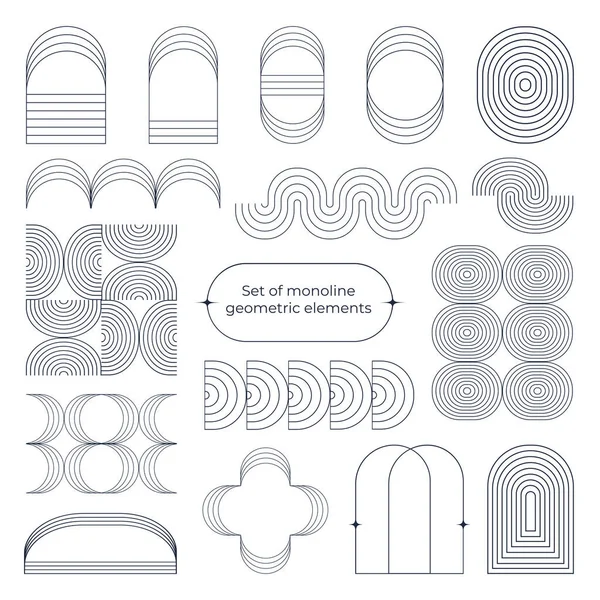 Monolin geometrik elementler kümesi. Minimalist soyut ince çizgiler. Sosyal medya paylaşımları ve hikayeler için. Kemer, yay, yuvarlak, elips, dalga ve kare. Boho estetiği.