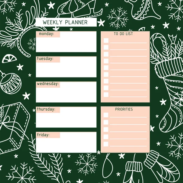 Planificateur Hebdomadaire Planificateur Pour Organisation Semaine Temps Avec Fond Noël — Image vectorielle