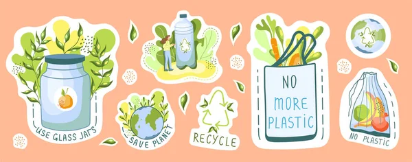 Экологические Наклейки Защита Окружающей Среды Концепция Устойчивого Развития Никакого Пластика — стоковый вектор