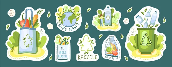 Экологические Наклейки Защита Окружающей Среды Концепция Устойчивого Развития Никакого Пластика — стоковый вектор