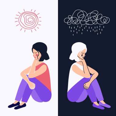 Bipolar bozukluğu olan bir kız. Manik evre. Mutlu ve depresif ruh hali. Akıl sağlığı. Psikoloji.