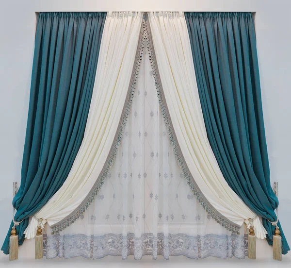 Janela Design Estilo Clássico Elegantes Cortinas Veludo Azul Branco Tule — Fotografia de Stock