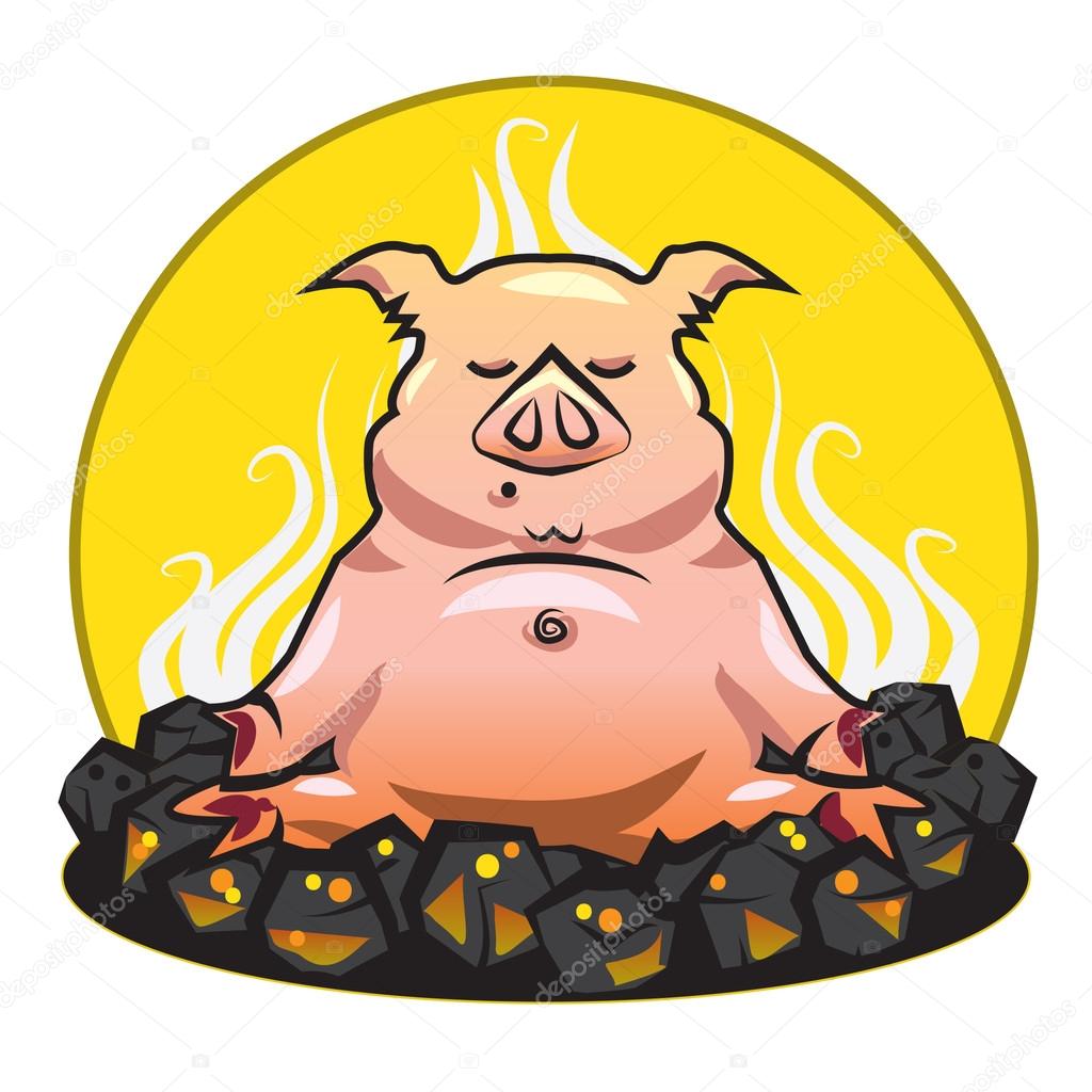 The pork in yoga pose sitting on a hot coals
