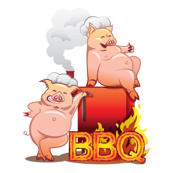 Two funny pigs near the red smoker — Stock Vector