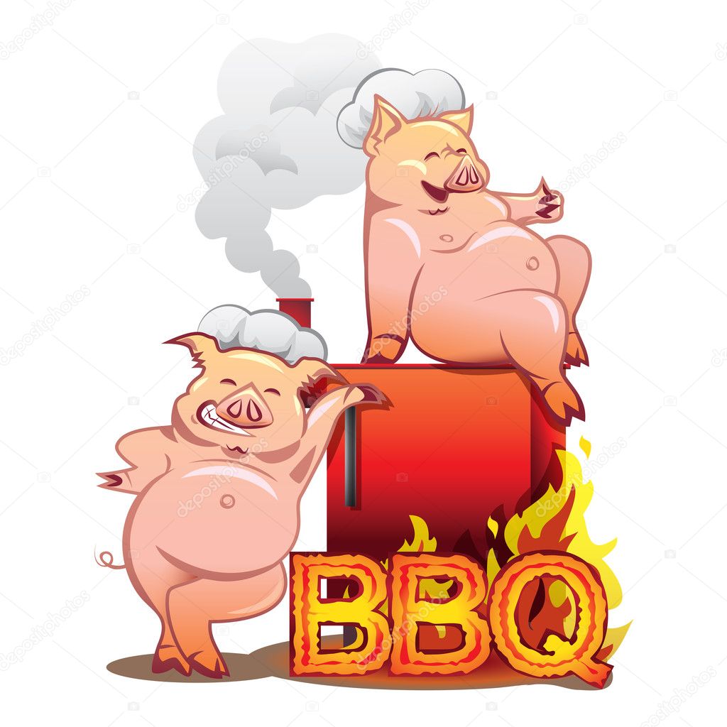 Two funny pigs near the red smoker