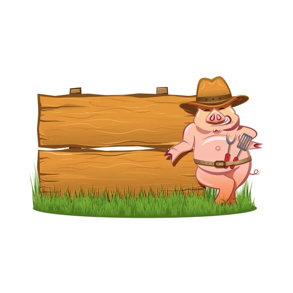 Barbecue grill - Porc souriant et panneau en bois Vecteurs De Stock Libres De Droits