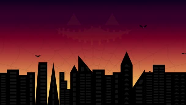 Halloween Urban Skyline Animation Med Flygande Fladdermöss Spindelnät Pumpa Och — Stockvideo