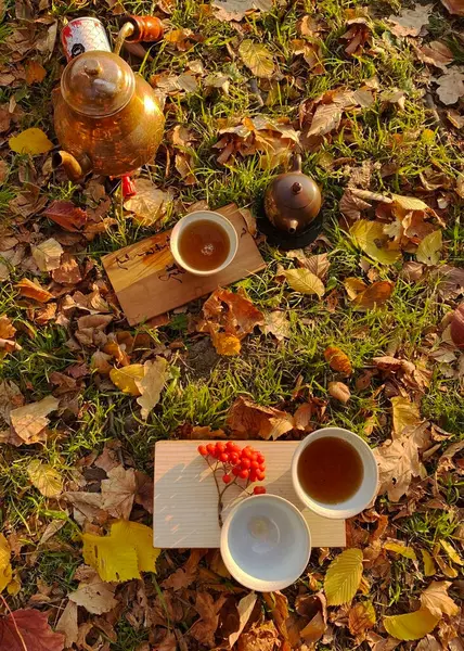 Sonbahar parkında çay içmek. Çay kaseleri ve arka planda sarı yapraklı bir çaydanlık. Açık hava çay seremonisi.