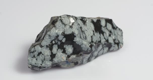Mineralsnö obsidian. Stenen är av vulkaniskt ursprung på en vit bakgrund. — Stockvideo