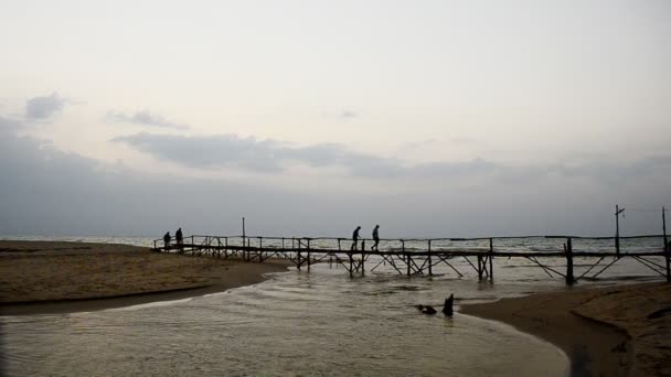 Puente y puesta de sol en la playa — Vídeos de Stock