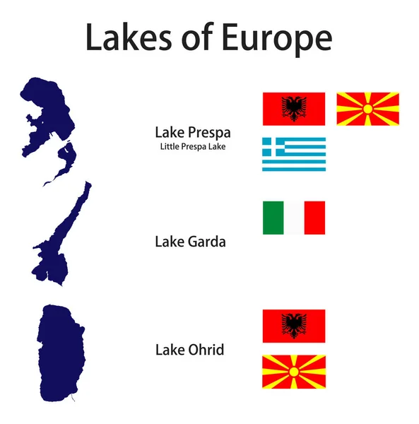欧洲最大湖泊普雷斯帕 加尔达 奥赫里德的一组轮廓 并附有这些湖泊所在国家的国旗 — 图库矢量图片