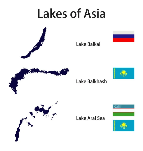 アジア最大のバイカル湖 バルカシュ アラル海のシルエットのセットで 彼らはベクトル図に位置している国の旗と — ストックベクタ