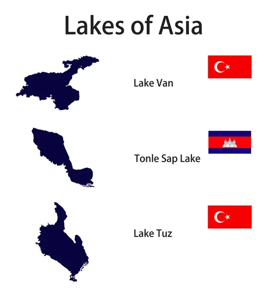 Set Silhouettes Largest Lakes Asia Tonle Sap Van Tuz Flags — Stock vektor